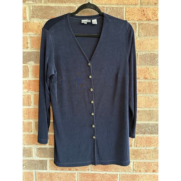Chico's Sweaters - Chico's Travelers Women's Blue Solid Stretch Button Front V-Neck Cardigan Size 1